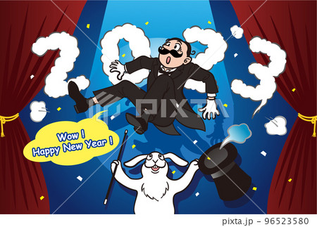 舞台でマジシャンを出すウサギ2023年年賀状 96523580