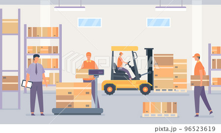 Wholesale stockroom, workers in storage room organize crates Wholesale stockroom, workers in storage room organize crates 96523619