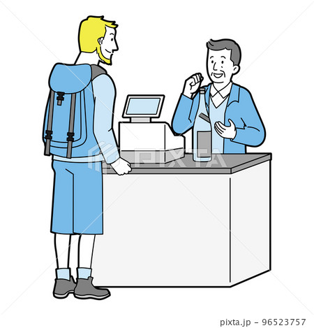 インバウンドで外国人の商品販売の対応をする店員さん　線あり 96523757