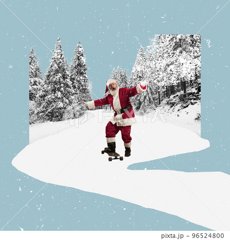 Contemporary art collage. Creative design. Senior man, Santa Claus standing on skateboard in snowy forest. Concept of winter holidays, Christmas and New Year Contemporary art collage. Creative design. Senior man, Santa Claus standing on skateboard in snowy forest. Concept of winter holidays, Christmas and New Year 96524800