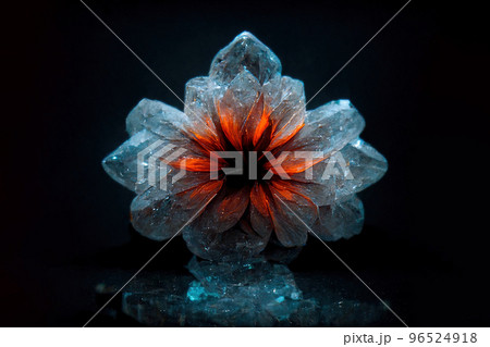Glowing quartz crystals in the form of a flower on black background 96524918