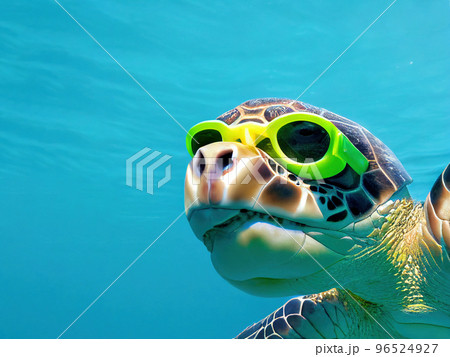 Portrait of a large sea turtle swimming in goggles 96524927