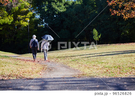 秋の公園で散歩しているシニア夫婦の後ろ姿 96526826