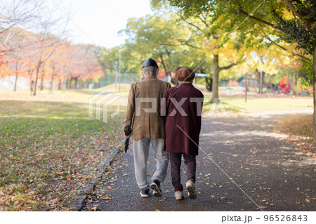 秋の公園で散歩しいているシニア夫婦の後ろ姿 96526843