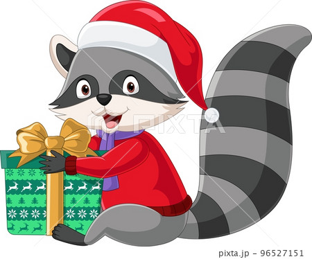 Cartoon raccoon in santa claus costume holding a gift box Cartoon raccoon in santa claus costume holding a gift box 96527151