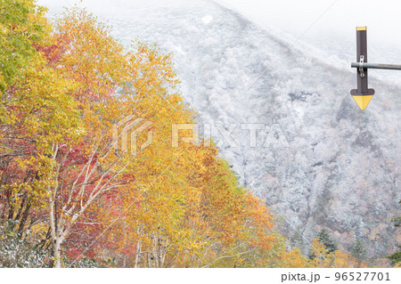 北海道上富良野町】雪と紅葉の写真素材 [96527701] - PIXTA