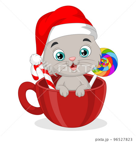 Cute cat cartoon inside red cup with candies Cute cat cartoon inside red cup with candies 96527823