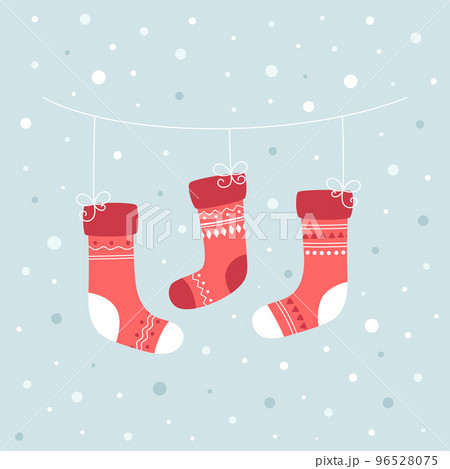 greeting card with christmas socks on snow background 96528075