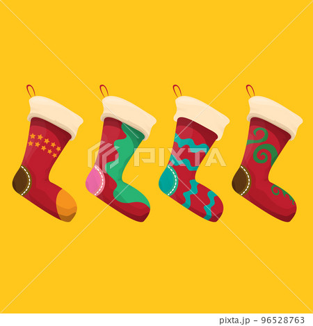 vector cartoon cute christmas socks with color ornament isolated on orange background. Merry Christmas vector greeting card, background, banner and poster with socks and stockings 96528763