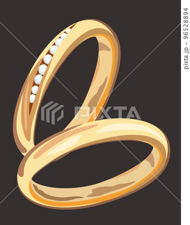 Vector illustration of two golden rings isolated on dark background. Wedding accessories. 96528894