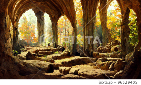 Medieval style and features forest cave illustration Medieval style and features forest cave illustration 96529405
