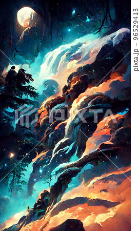 forest adventures in the night sky illustration 96529413