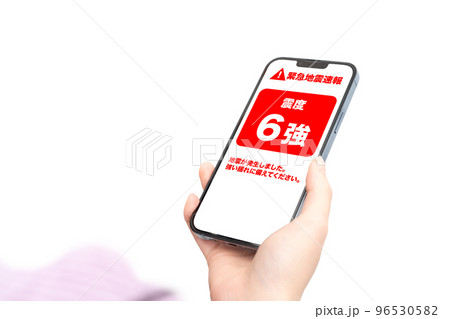 緊急地震速報を受信するスマートフォン 96530582