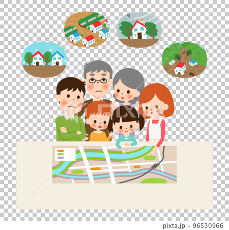 A two-family family having a serious discussion looking at the hazard map 96530966