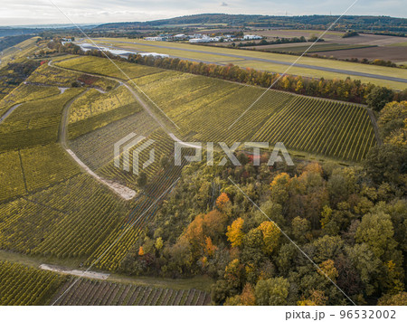 Aerial view Famous German Wine Region Moselle River Lay and Guels village Autumn Fall colors 96532002