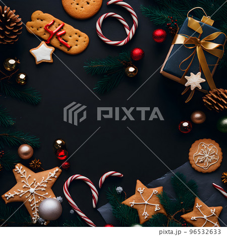 christmas items on flat black background in flat lay perspective, neural network generated art 96532633