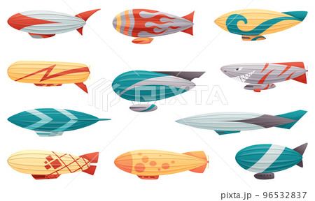 Zeppelin. Passenger airships set. Bright colored cigar shaped balloons or retro zeppelin with stripes cabins for people elongated. Huge balloons with helium for free travel tourism. Vector cartoon art 96532837