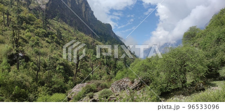 A green valley between hills with trees and rocks under a blue sky and white clouds A green valley between hills with trees and rocks under a blue sky and white clouds 96533096