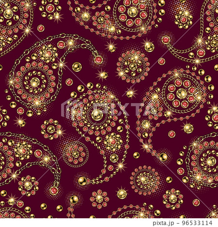 Seamless pattern with paisley ornament, round jewelry elements in vintage style. Red background. Vector illustration. Good for clothing, apparel, fabric, textile, surface design. 96533114