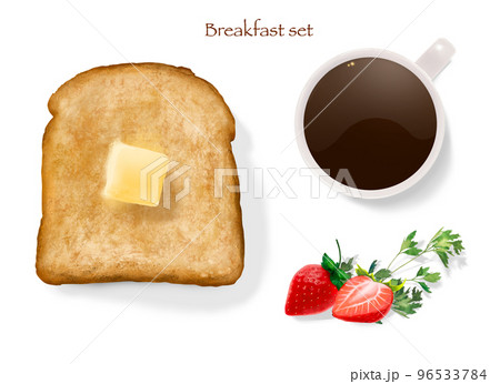 朝食のセットー食パンーとろけたバターといちごとコーヒーのイラスト 96533784