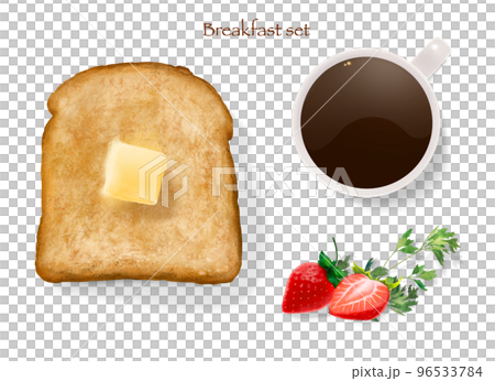 朝食のセットー食パンーとろけたバターといちごとコーヒーのイラスト 96533784