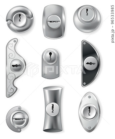 Metal or steel secure keyholes. Element for door locks, templates. Realistic silver or chrome key holes mockup isolated on white background 96533985