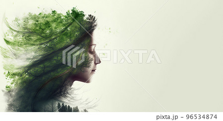 Concept of environment caring devotion shown by woman and forest double exposure 96534874