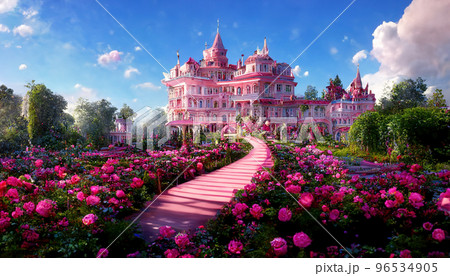 Spectacular fantasy palace with garden of flower. Digital art 3D illustration. Spectacular fantasy palace with garden of flower. Digital art 3D illustration. 96534905