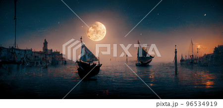 Spectacular fantasy coast town with sailing ship. Digital art 3D illustration. 96534919
