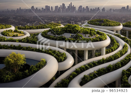 Spectacular city covered with green trees and plant. Digital art 3D illustration 96534925