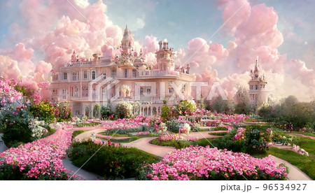Spectacular fantasy palace with garden of flower. Digital art 3D illustration. 96534927