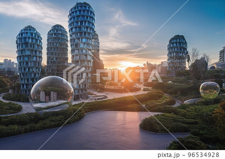 Spectacular city covered with green trees and plant. Digital art 3D illustration 96534928