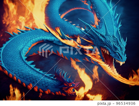 Spectacular blue lung dragon with flame background. Digital art 3D illustration. Spectacular blue lung dragon with flame background. Digital art 3D illustration. 96534936