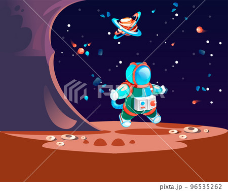 Astronaut in outer space in spacesuit walks on planet concept. Game location cosmic area background 96535262