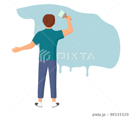 Painter man painting room wall with brush in new house. Decorator job, interior renovation service 96535320