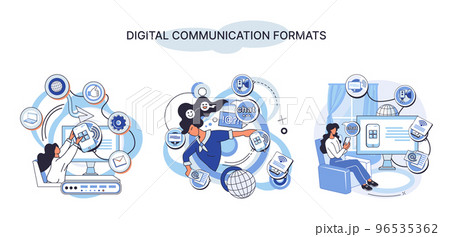 Digital communication formats metaphor, content with online data and social media streaming, mobile app 96535362