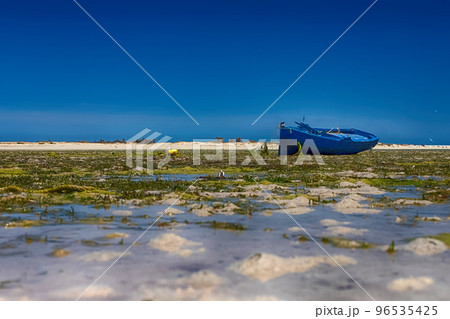 Beautiful view of the boat in the bay of the Mediterranean Sea at low tide on the island of Djerba, Tunisia 96535425
