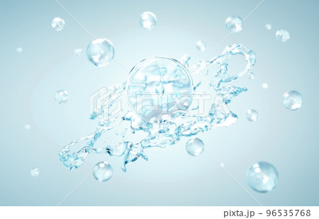 Cosmetics Hydro Essence water for moisturizer. Liquid splash bubble or molecule chemical structure on water background. Cosmetics Hydro power treatment. Purifying natural product. 3d rendering. 96535768