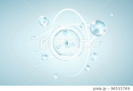 Cosmetics Essence molecule, collagen, Vitamin or Serum drop water for moisturizer. Liquid molecule chemical structure on water background. Cosmetics power treatment. Natural product. 3d rendering. 96535769