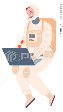 Woman in space suit working on laptop. Astronaut character 96536491
