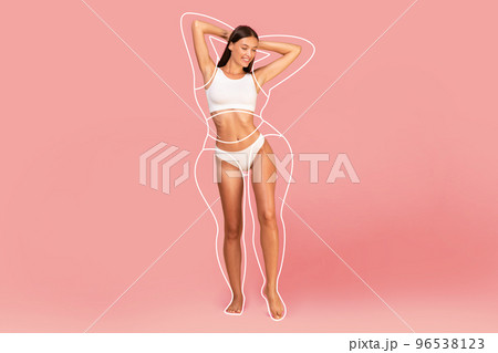 Happy Young Woman With Perfect Body And Fat Silhouette Outlines Around It Happy Young Woman With Perfect Body And Fat Silhouette Outlines Around It 96538123