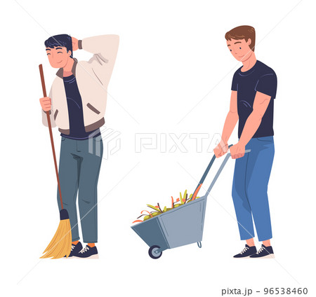 Man Volunteer Character with Broom and Wheelbarrow Cleaning Street Gathering Foliage Vector Set Man Volunteer Character with Broom and Wheelbarrow Cleaning Street Gathering Foliage Vector Set 96538460