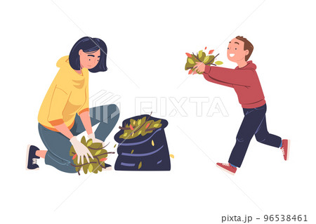 Teen Boy and Woman Volunteer Character with Bag Cleaning Street Gathering Foliage Vector Set 96538461