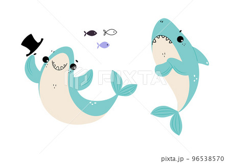 Comic Blue Shark with Fins as Marine Animal Smiling and Feeling Grumpy Vector Set 96538570