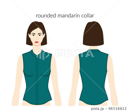 Rounded mandarin neckline collars, plackets clothes character in emerald top, shirt technical fashion illustration 96538822