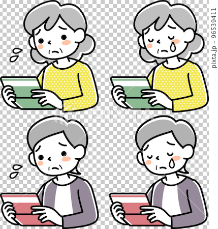 Upper body set of a senior woman looking at a bankbook with a troubled expression Upper body set of a senior woman looking at a bankbook with a troubled expression 96539411