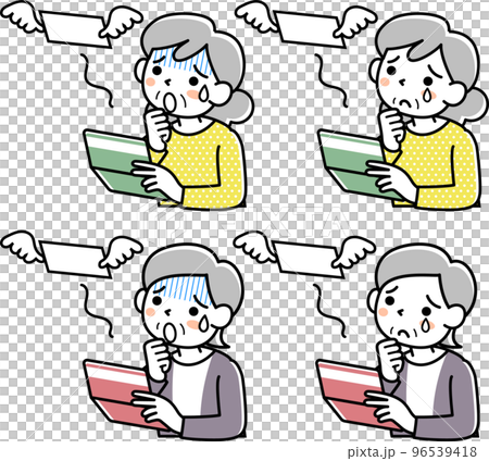 出費がかさんで困っているシニア女性の上半身セット 96539418