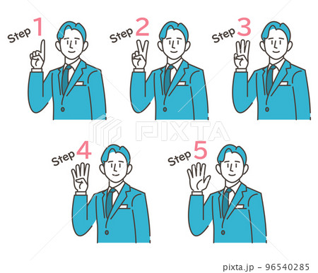 ビジネスのステップ・手順・順序を1から5本の指で表す男性【ベクターイラスト素材】 ビジネスのステップ・手順・順序を1から5本の指で表す男性【ベクターイラスト素材】 96540285