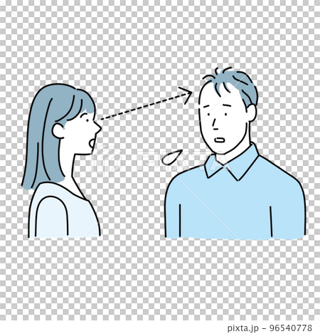 A woman looking at the top of the head and a man with thin hair who is worried about the line of sight 96540778