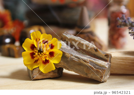 Yellow Flowers on Petrified Wood With Rock Crystals and Incense Cone Yellow Flowers on Petrified Wood With Rock Crystals and Incense Cone 96542321
